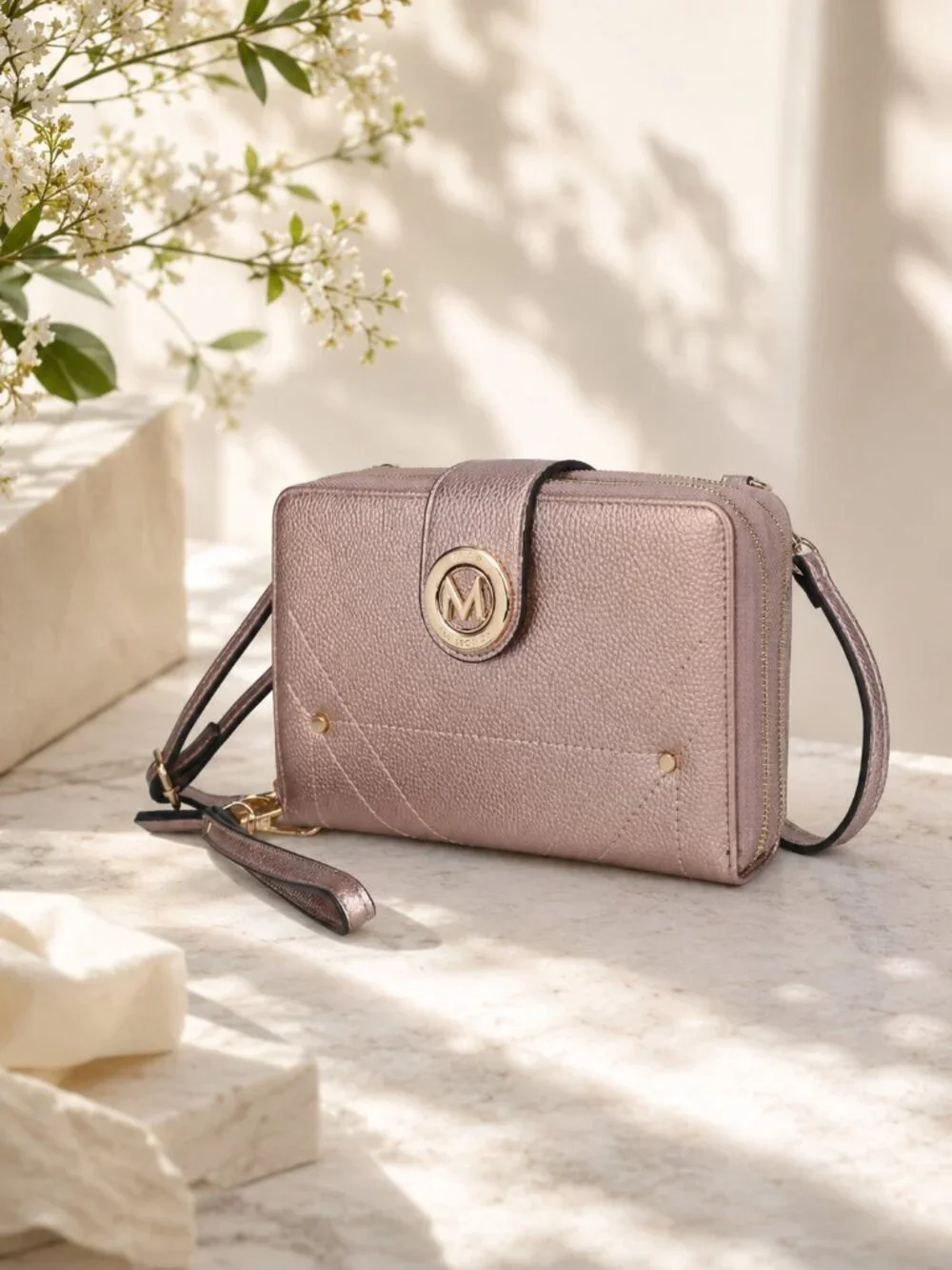 MKF Mia K Rose Gold Smartphone Wallet Crossbody Bag Vegan Leather Phone Purse